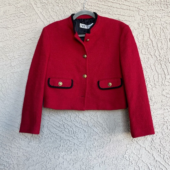 ZARA Red Boucle Textured Blazer Jacket w/ Detachable White Cuffs NWT *Flawed - Picture 5 of 16